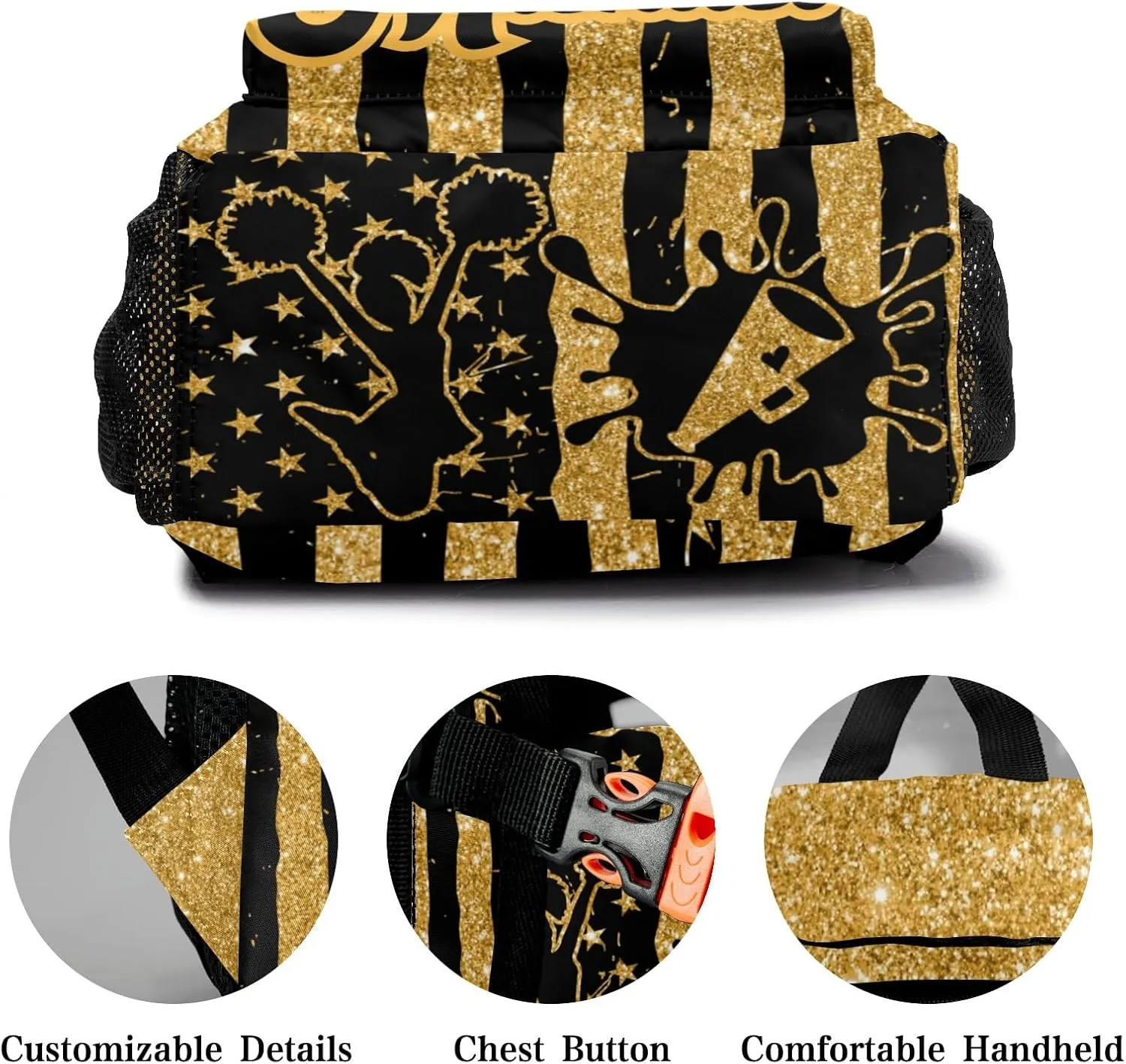 Personalized Cheer Cheerleader Gold Yellow Glitter Print Bags with Name Bag Waterproof Backpack Unisex Schoolbag Gift Casual Pack for Student Boys Girls