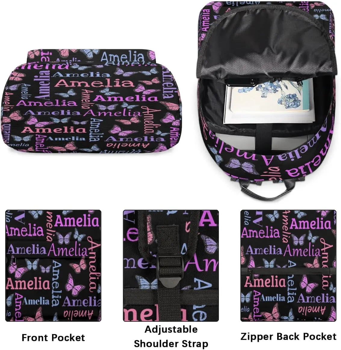 Personalized Kids Backpack School Bags for Girls, Custom Students Backpack Shoulder Bag Laptop Backpack Bookbag Gift for College School Travel Sport Butter Glitter