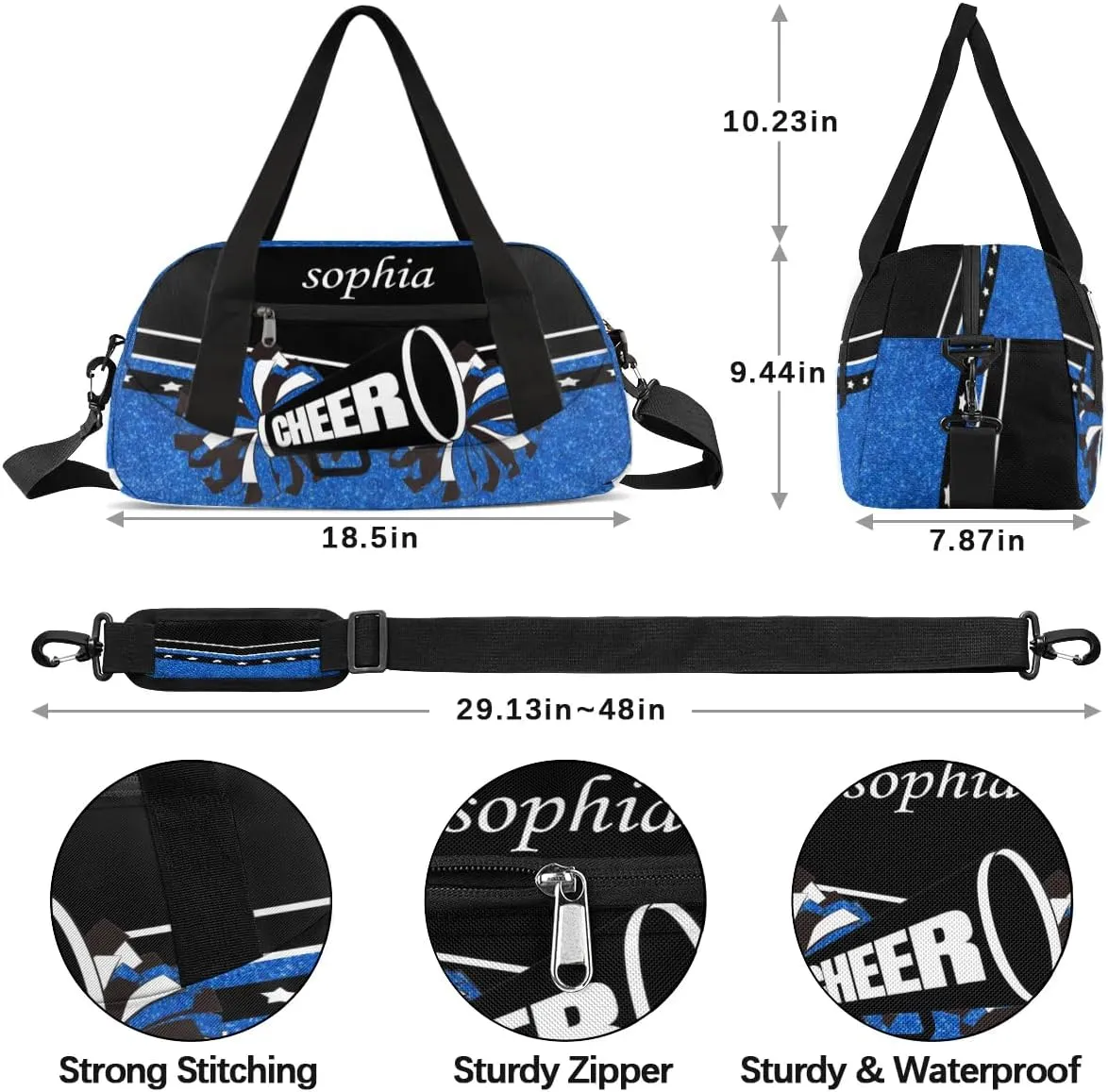 Personalized Name Cheer Bag Custom Sport Duffel Bag for Girls Cheerleader Bags Overnight Weekender Bags Carry On Travel Bag, Glitter Blue