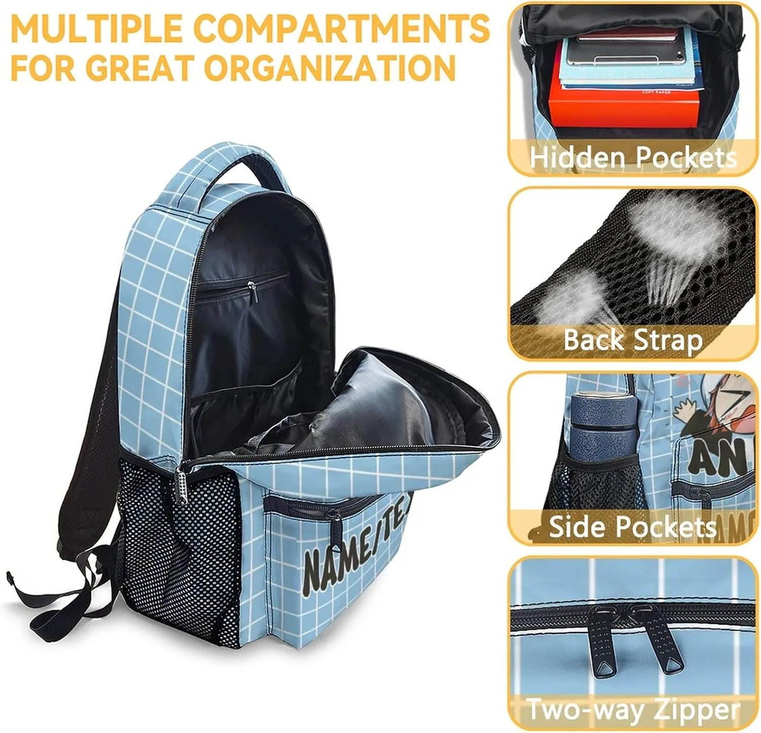 Personalized School Backpack for Girls - 16 Inches Blue Backpacks for Kids 8-10 Years - Lightweight Cute Bookbag for Primary School