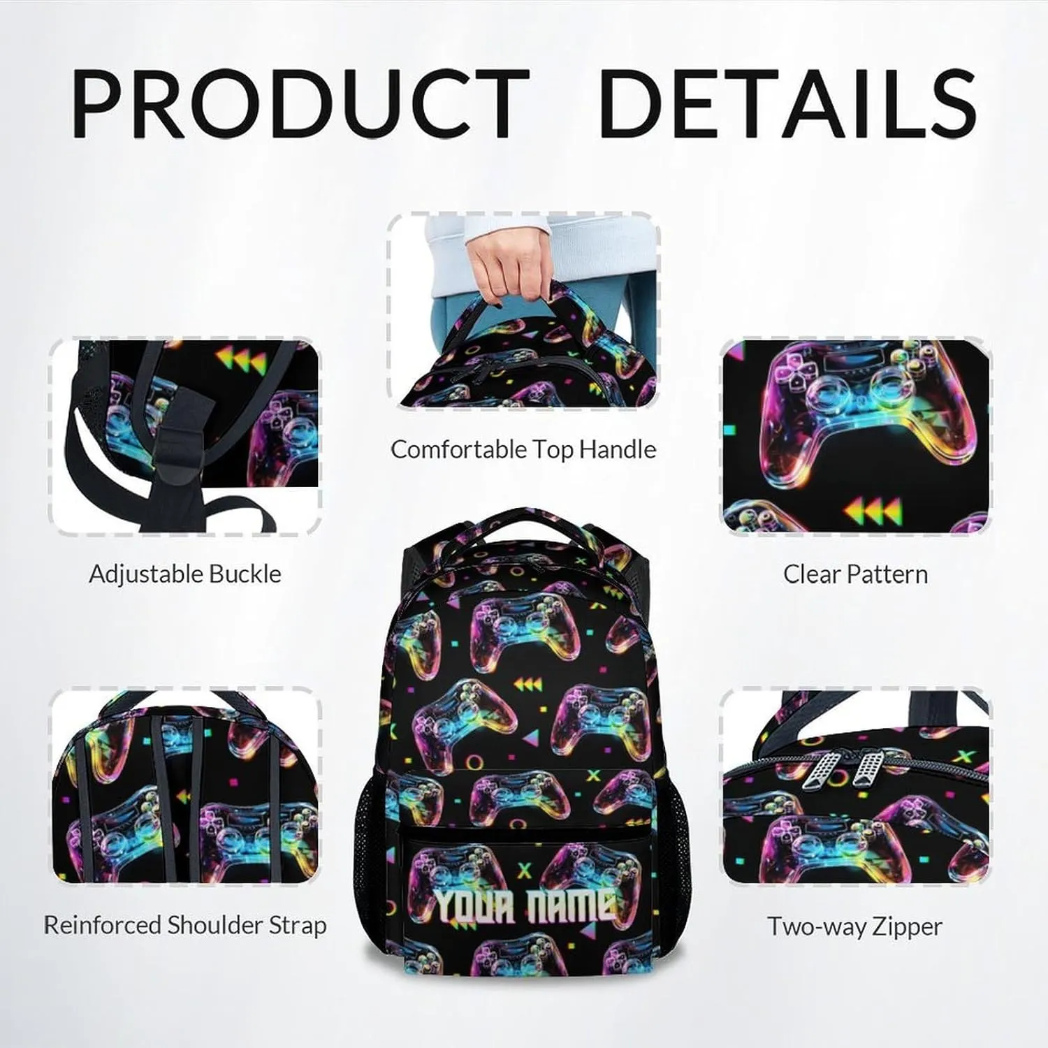 Personalized School Bag for Boys - Black Durable Aesthetic Kid Backpack - 17 Inch Large Capacity Gaming Bookbag for School, Travel and Camp