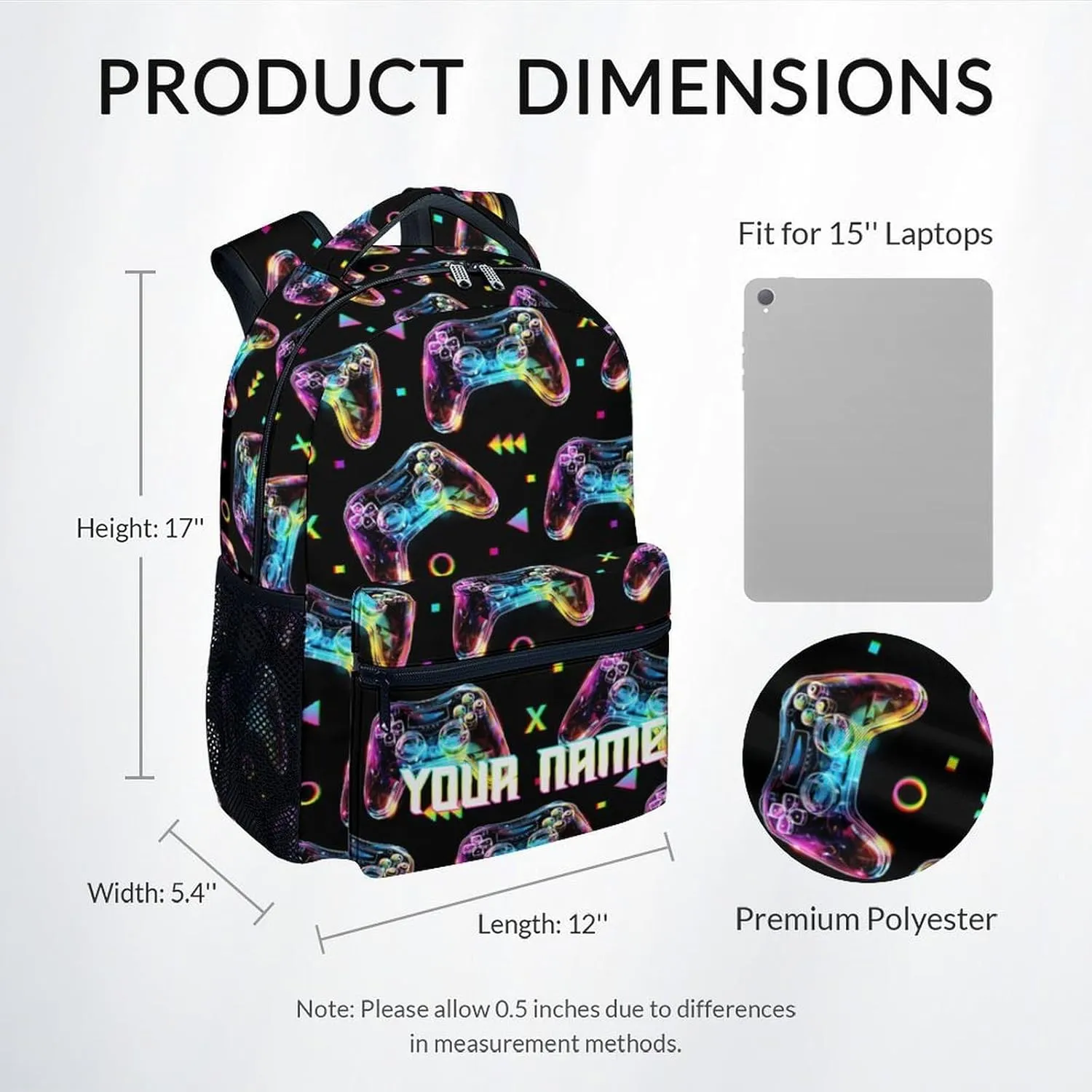 Personalized School Bag for Boys - Black Durable Aesthetic Kid Backpack - 17 Inch Large Capacity Gaming Bookbag for School, Travel and Camp