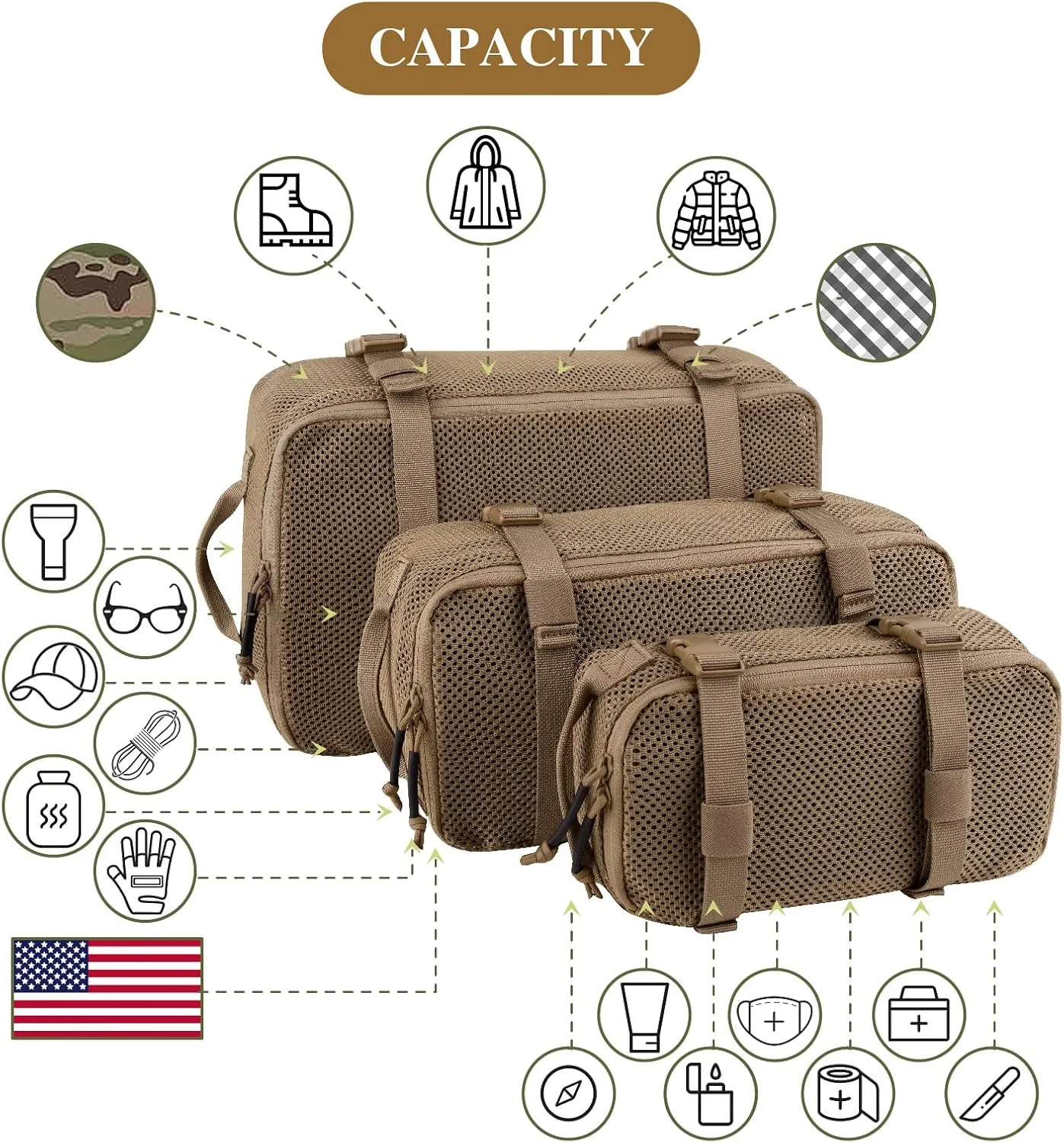 PETAC GEAR 3 PCS Tactical Modular Packing Cubes, Large Capacity Mesh Storage Bag,Outdoor Travel Organize Storage Pouches Bags.