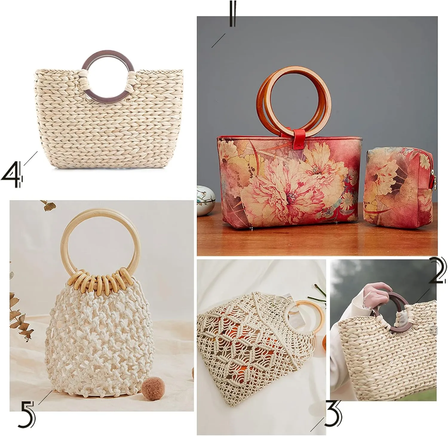 PH PandaHall 4pcs Wood Bag Handle, Round Handles Replacement 5.2 Inch Purse Handle Smooth Handbag Handle Decorative Handles for Straws Beach Canvas Handbags Macrame Crocheted Purse Making