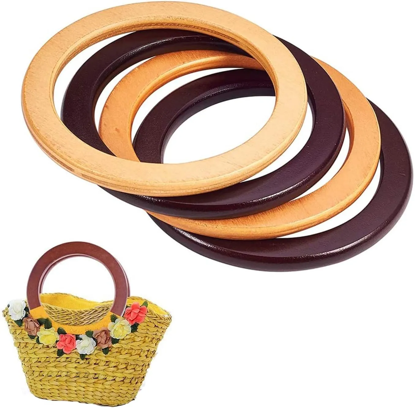 PH PandaHall 4pcs Wood Bag Handle, Round Handles Replacement 5.2 Inch Purse Handle Smooth Handbag Handle Decorative Handles for Straws Beach Canvas Handbags Macrame Crocheted Purse Making