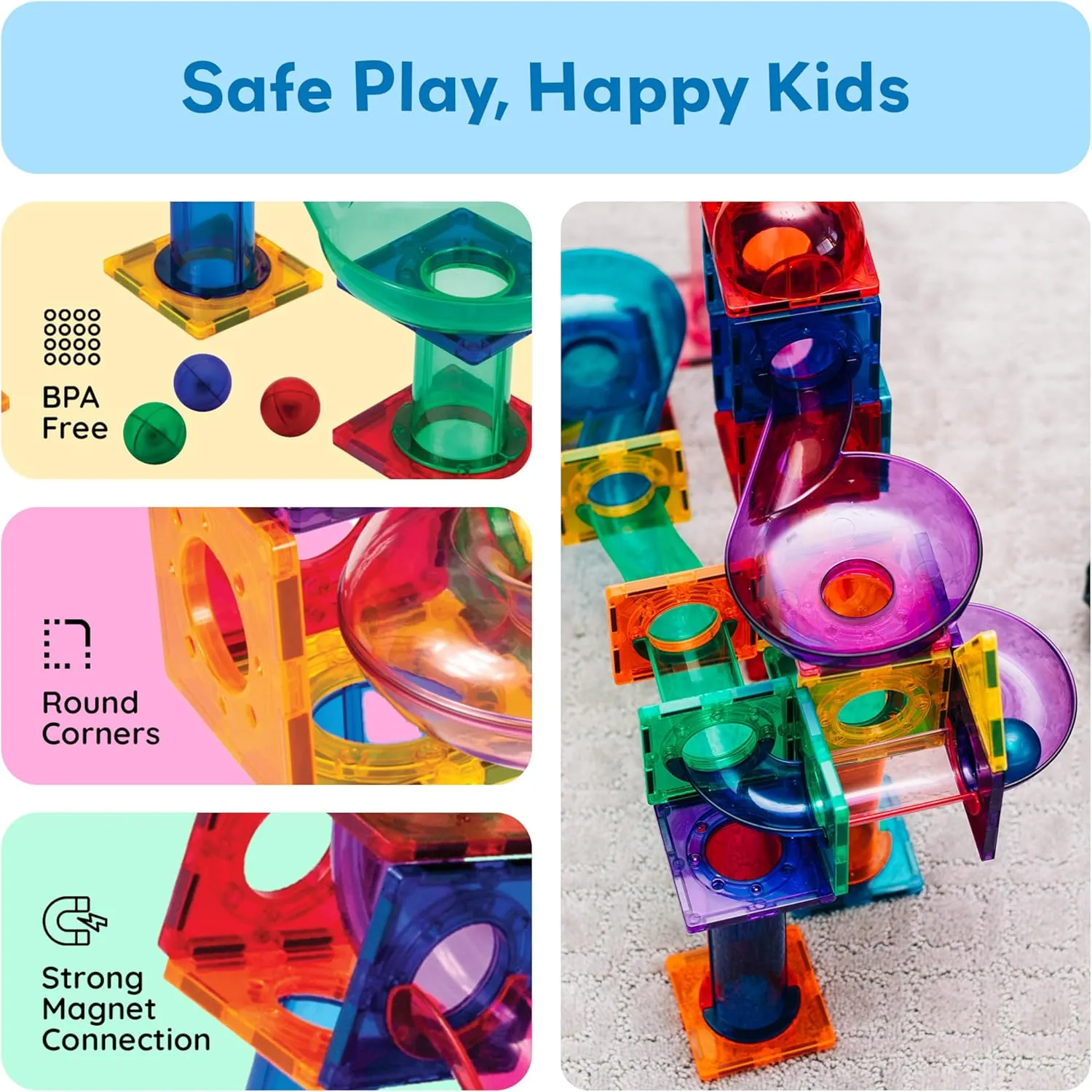 PicassoTiles Marble Run 100 Piece Magnetic Tile Race Track Toy Play Set STEM Building & Learning Educational Magnet Construction Child Brain Development Kit Boys Girls Age 3 4 5 6 7 8  Years Old Toys