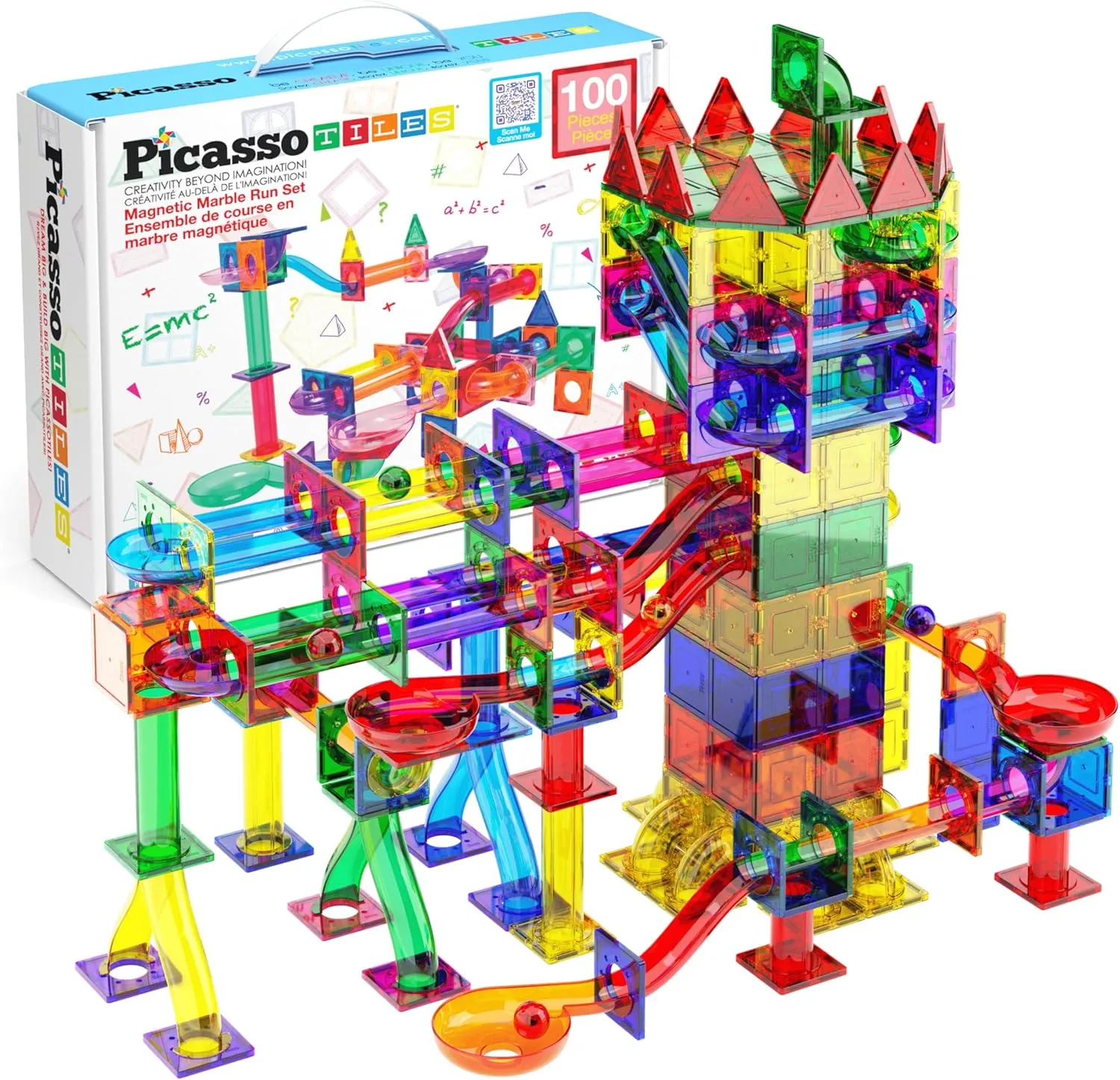 PicassoTiles Marble Run 100 Piece Magnetic Tile Race Track Toy Play Set STEM Building & Learning Educational Magnet Construction Child Brain Development Kit Boys Girls Age 3 4 5 6 7 8  Years Old Toys