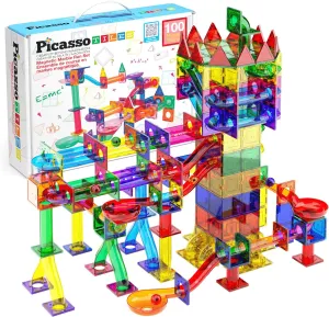 PicassoTiles Marble Run 100 Piece Magnetic Tile Race Track Toy Play Set STEM Building & Learning Educational Magnet Construction Child Brain Development Kit Boys Girls Age 3 4 5 6 7 8  Years Old Toys