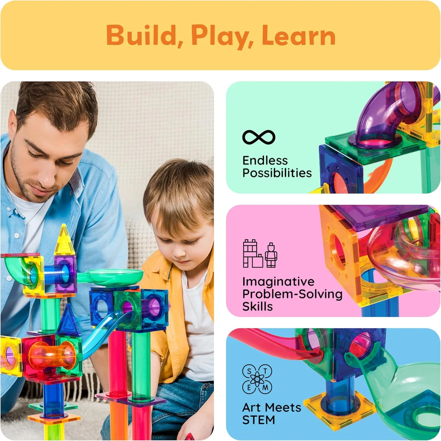PicassoTiles Marble Run 100 Piece Magnetic Tile Race Track Toy Play Set STEM Building & Learning Educational Magnet Construction Child Brain Development Kit Boys Girls Age 3 4 5 6 7 8  Years Old Toys