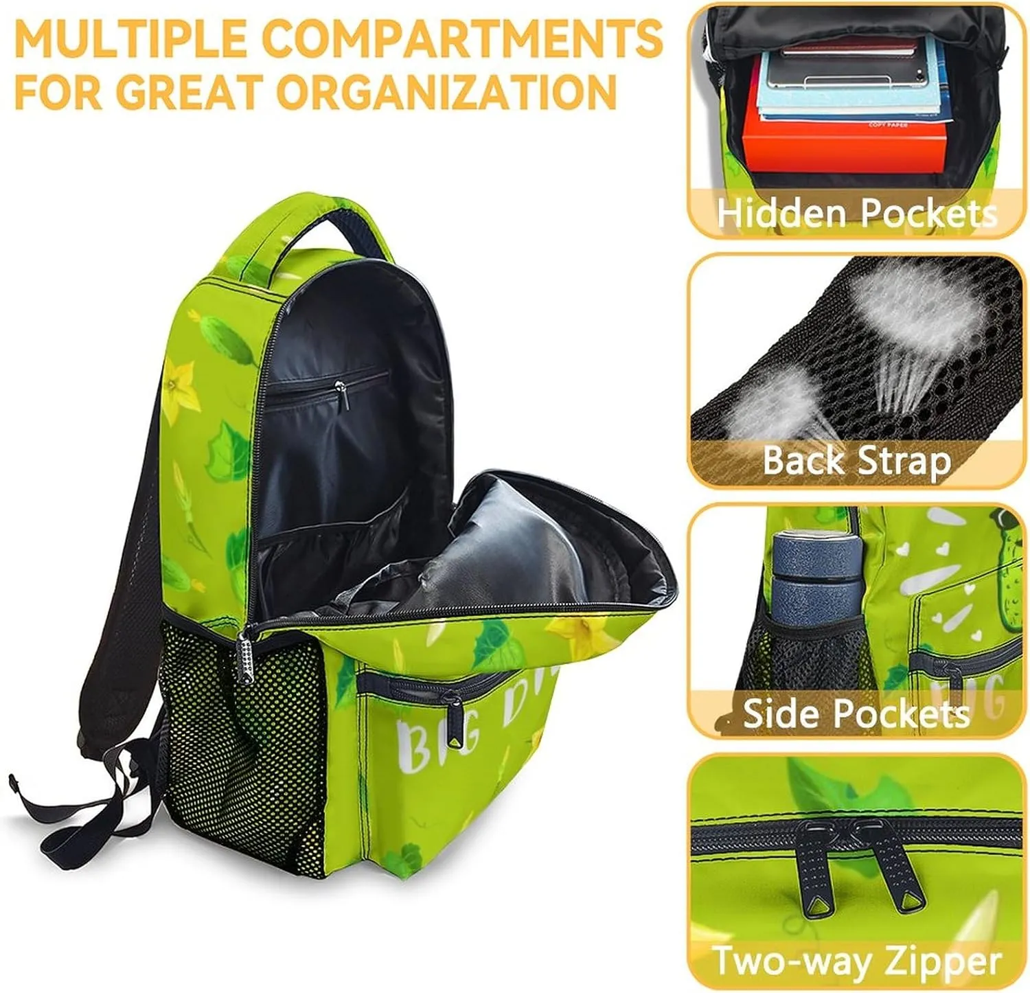 Pickle School Backpack for Girls, 16 Inch Green Backpacks for Kids Age 10-12, Funny Lightweight Bookbag for Travel