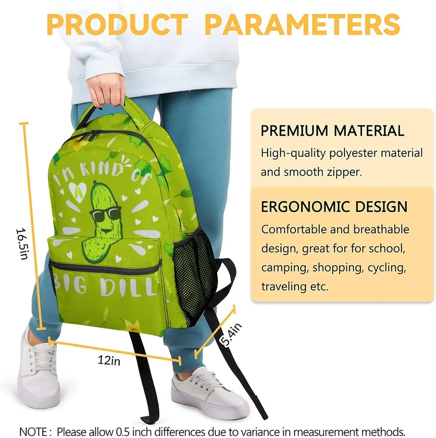 Pickle School Backpack for Girls, 16 Inch Green Backpacks for Kids Age 10-12, Funny Lightweight Bookbag for Travel
