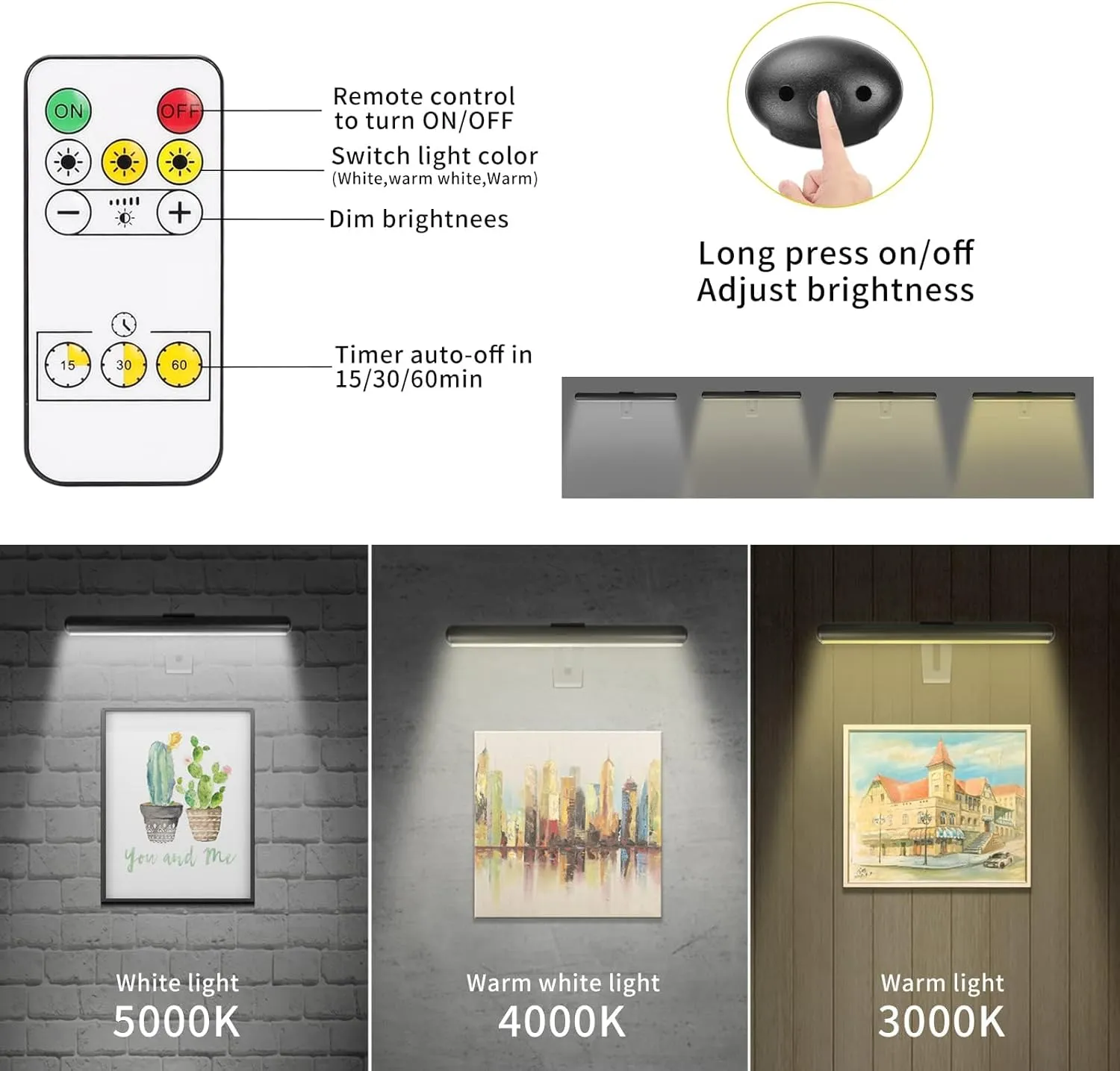 Picture Light Battery Operated, Picture Lights for Wall, Wireless Picture Light with 2 Remotes, Picture Light for Paintings, 16 LED, 3Modes, 300LM Dimmable Light with Timer for Art