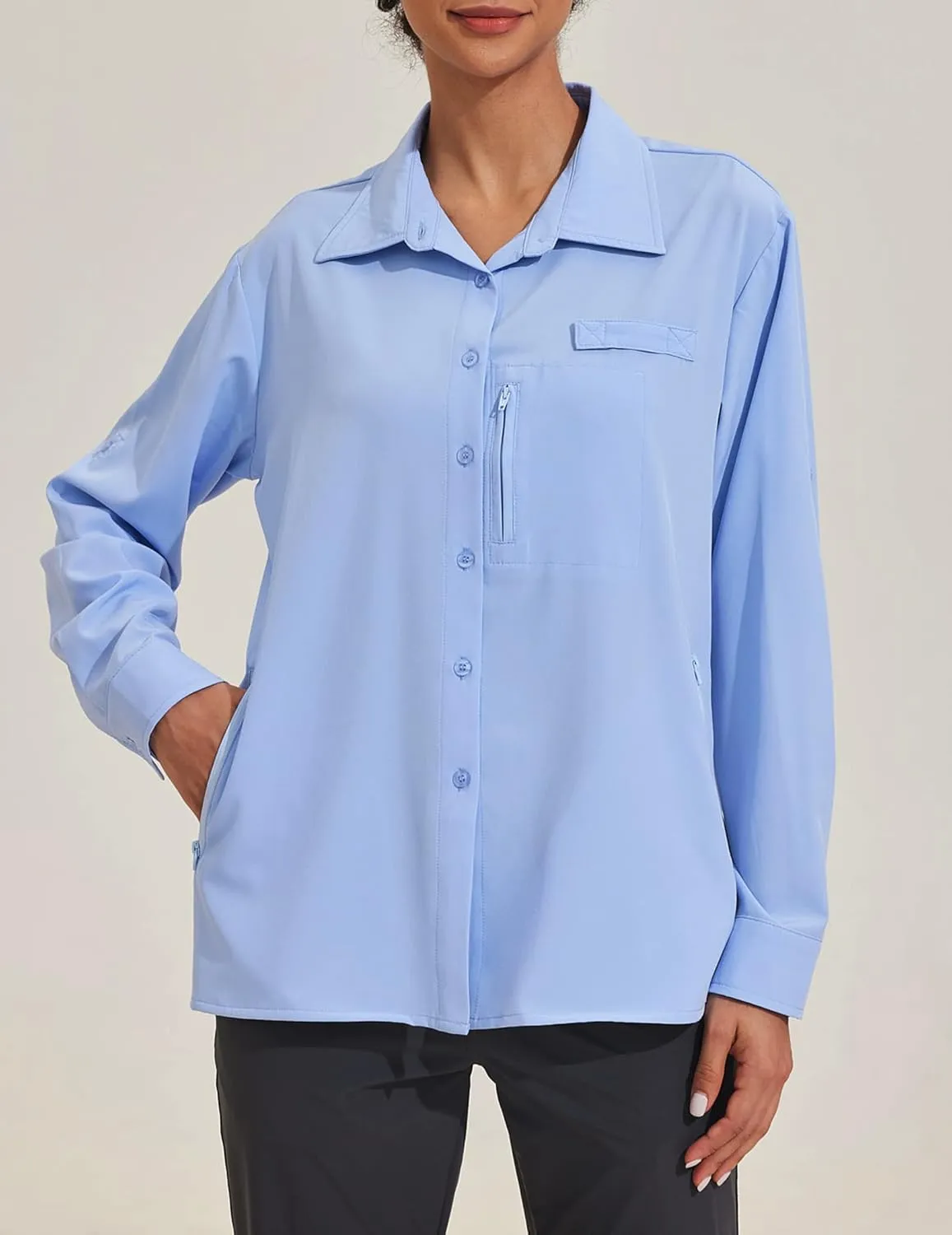 PINSPARK Womens UPF 50  UV Sun Protection Shirts Long Sleeve Outdoor Fishing Blouse Quick Dry Safari Hiking Tops with Pockets