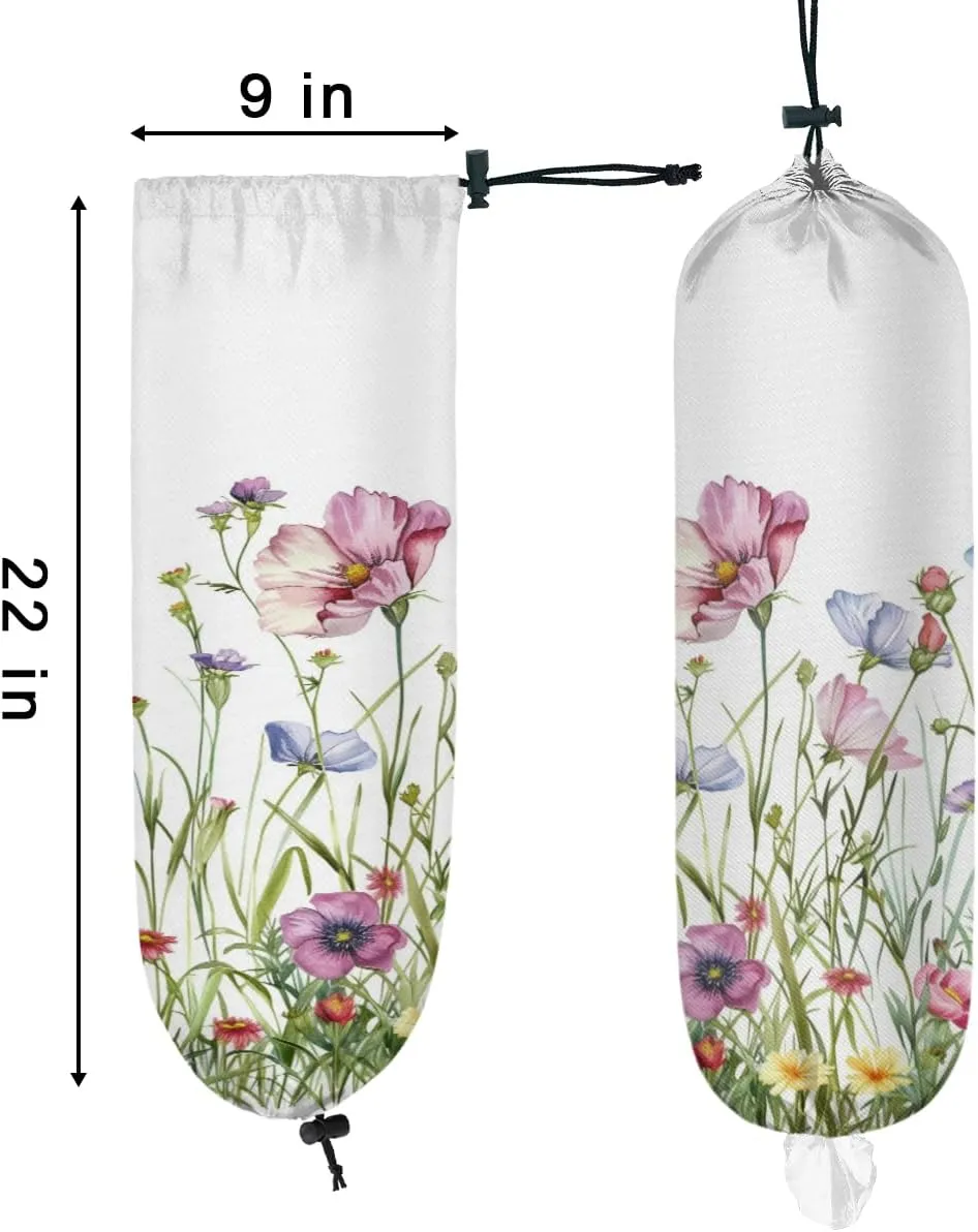 Plastic Bag Organizer 2-Pack - Waterproof Grocery Bag Holder - Reusable Trash Bags, Wildflower & Eucalyptus Green Leaves