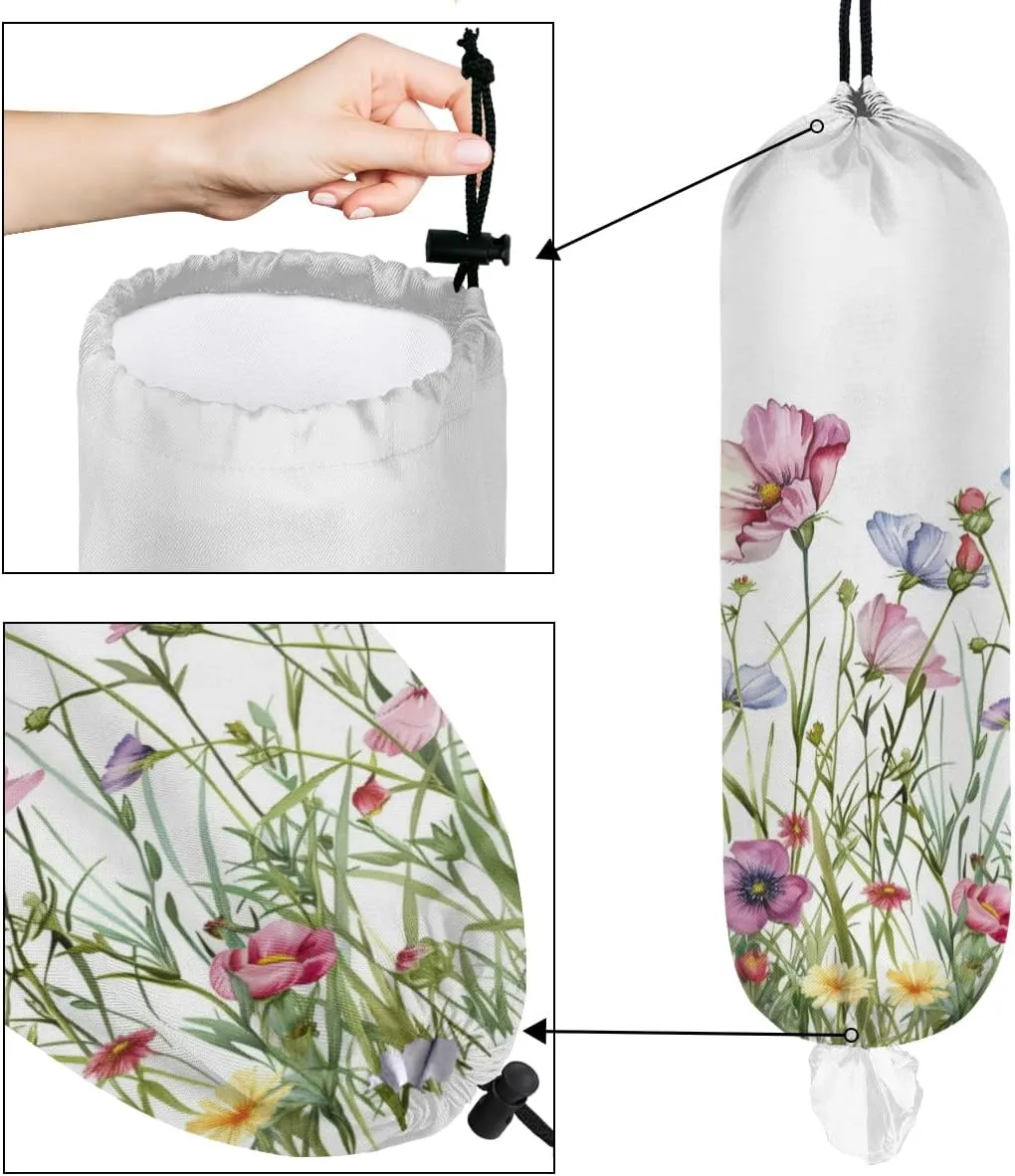 Plastic Bag Organizer 2-Pack - Waterproof Grocery Bag Holder - Reusable Trash Bags, Wildflower & Eucalyptus Green Leaves