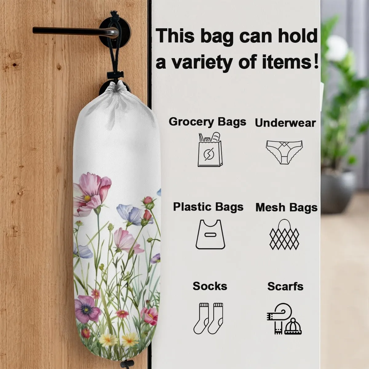 Plastic Bag Organizer 2-Pack - Waterproof Grocery Bag Holder - Reusable Trash Bags, Wildflower & Eucalyptus Green Leaves