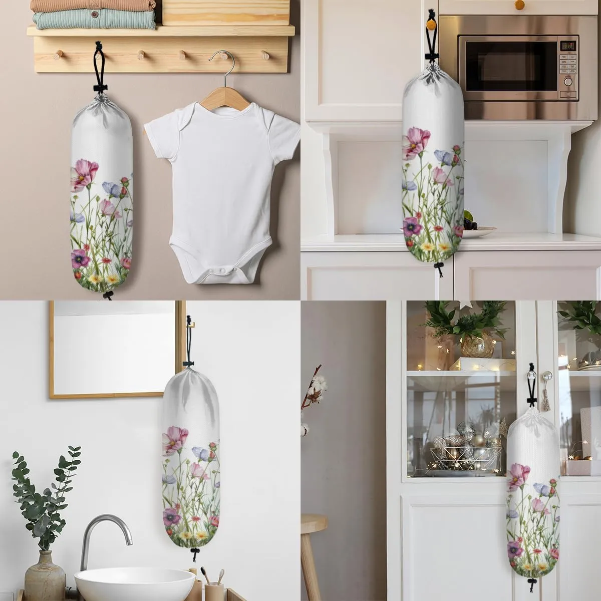 Plastic Bag Organizer 2-Pack - Waterproof Grocery Bag Holder - Reusable Trash Bags, Wildflower & Eucalyptus Green Leaves