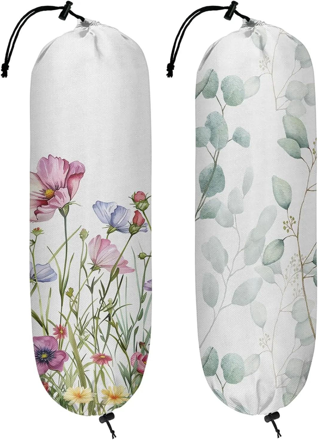 Plastic Bag Organizer 2-Pack - Waterproof Grocery Bag Holder - Reusable Trash Bags, Wildflower & Eucalyptus Green Leaves