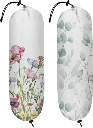 Plastic Bag Organizer 2-Pack - Waterproof Grocery Bag Holder - Reusable Trash Bags, Wildflower & Eucalyptus Green Leaves