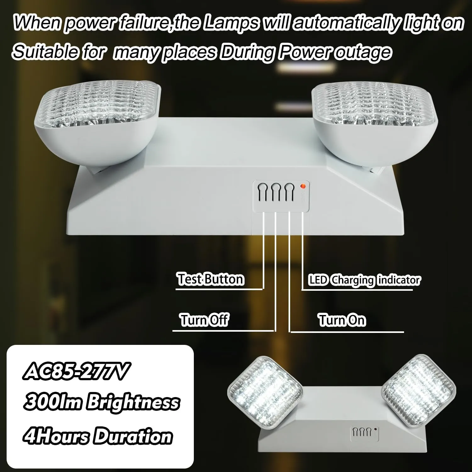 Plug in Emergency Lights for Business Home Power Failure 4Hours 300lm LED Commercial Emergency Light Fixtures with Battery Backup Rechargeable Adjustable Two Heads AC85-277V