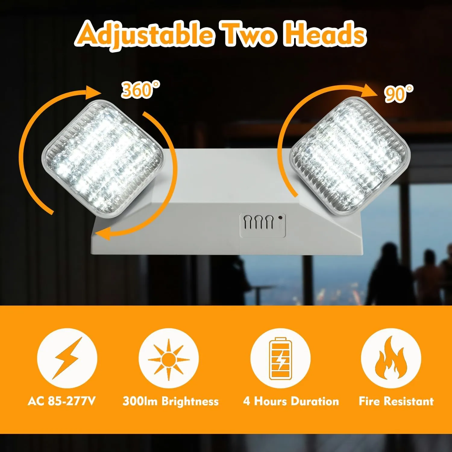 Plug in Emergency Lights for Business Home Power Failure 4Hours 300lm LED Commercial Emergency Light Fixtures with Battery Backup Rechargeable Adjustable Two Heads AC85-277V