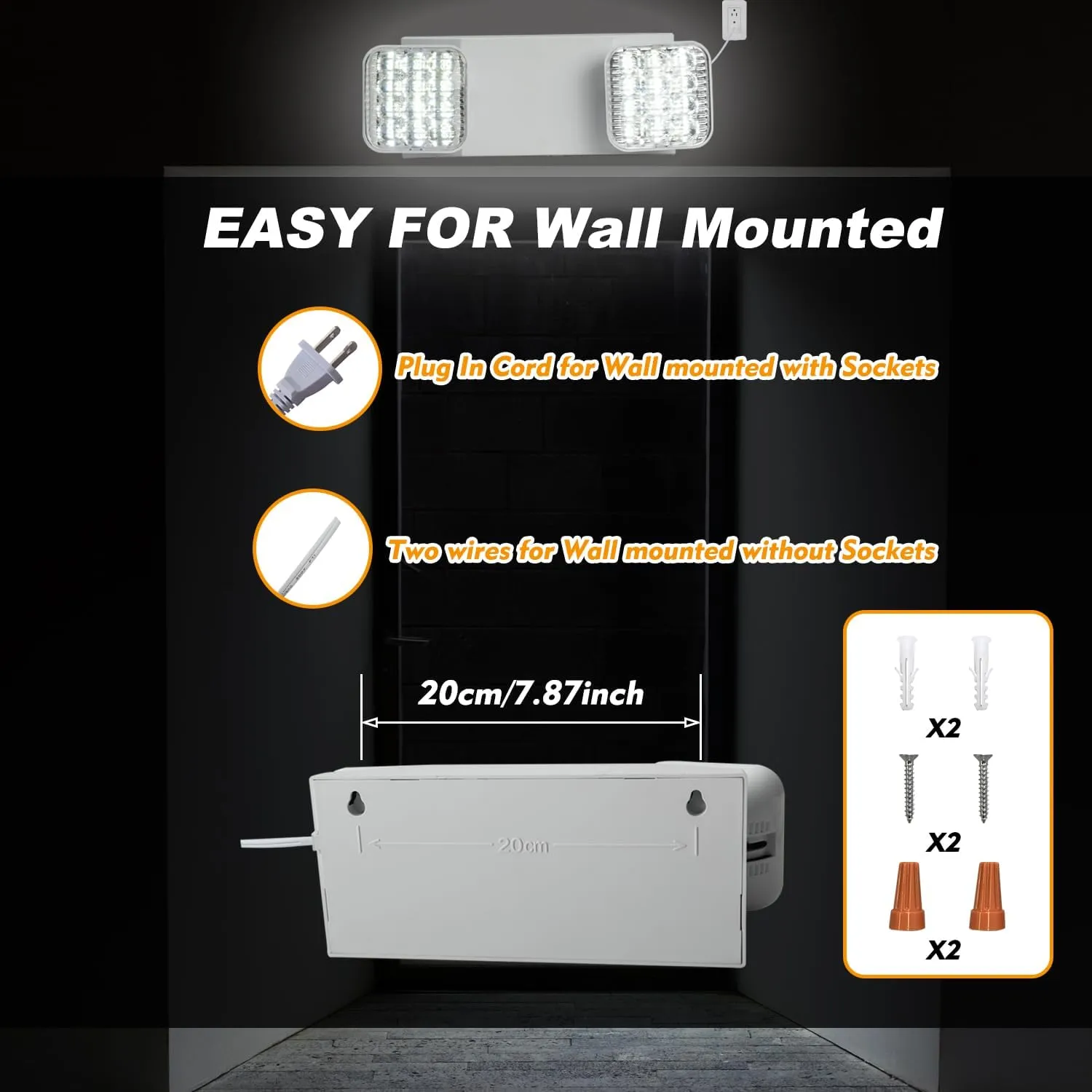 Plug in Emergency Lights for Business Home Power Failure 4Hours 300lm LED Commercial Emergency Light Fixtures with Battery Backup Rechargeable Adjustable Two Heads AC85-277V