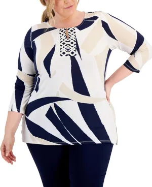 Plus Size Printed Y Neck Top Intrepid Blue Combo 1X