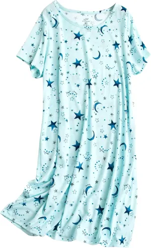 PNAEONG Women's Cotton Nightgown Sleepwear Short Sleeves Shirt Casual Print Sleepdress