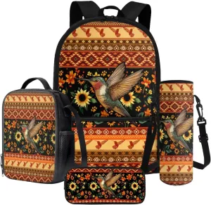 Poceacles 4 Pieces School Backpack Set for Kids Children, with Insulated Lunch Bag Pencil Case Water Bottle Carrier Rucksack Schoolbag for Boys Girls Teens, Aztec Hummingbird Sunflower Orange