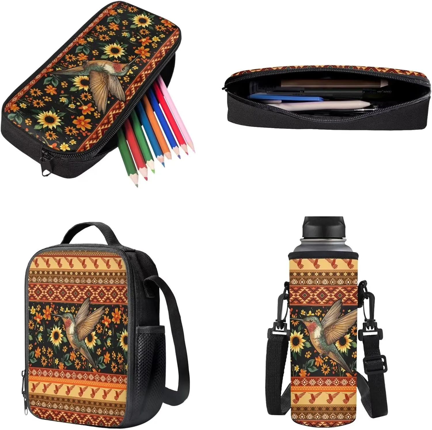Poceacles 4 Pieces School Backpack Set for Kids Children, with Insulated Lunch Bag Pencil Case Water Bottle Carrier Rucksack Schoolbag for Boys Girls Teens, Aztec Hummingbird Sunflower Orange