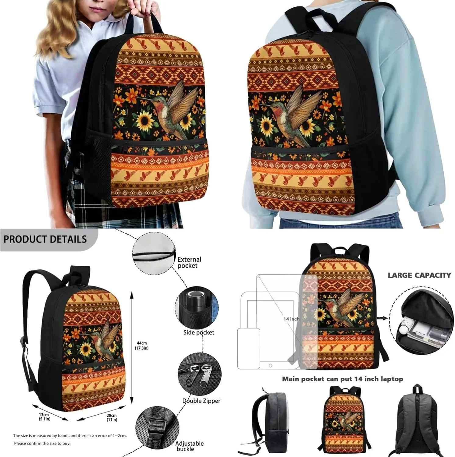 Poceacles 4 Pieces School Backpack Set for Kids Children, with Insulated Lunch Bag Pencil Case Water Bottle Carrier Rucksack Schoolbag for Boys Girls Teens, Aztec Hummingbird Sunflower Orange