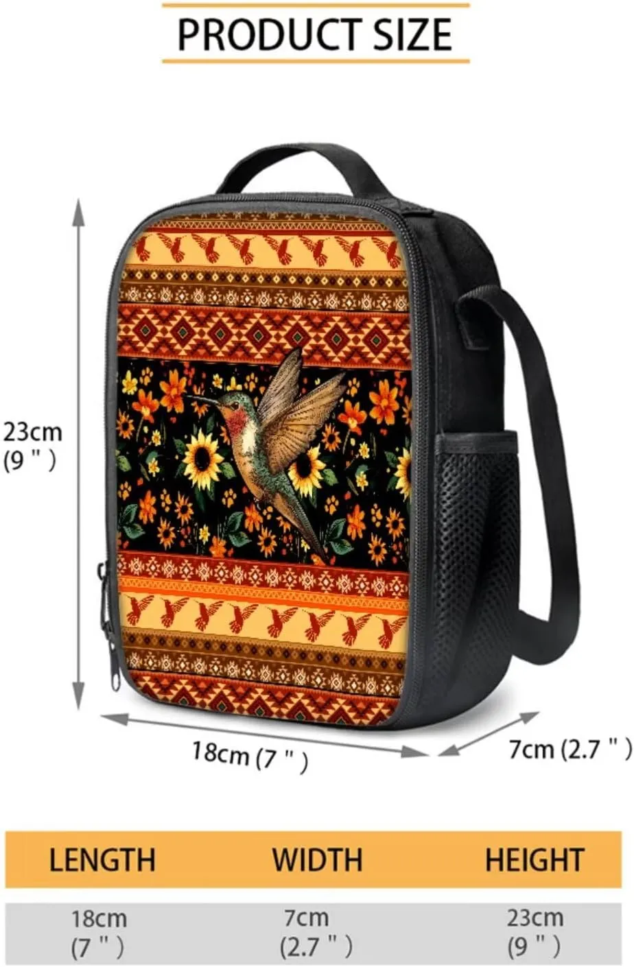 Poceacles 4 Pieces School Backpack Set for Kids Children, with Insulated Lunch Bag Pencil Case Water Bottle Carrier Rucksack Schoolbag for Boys Girls Teens, Aztec Hummingbird Sunflower Orange