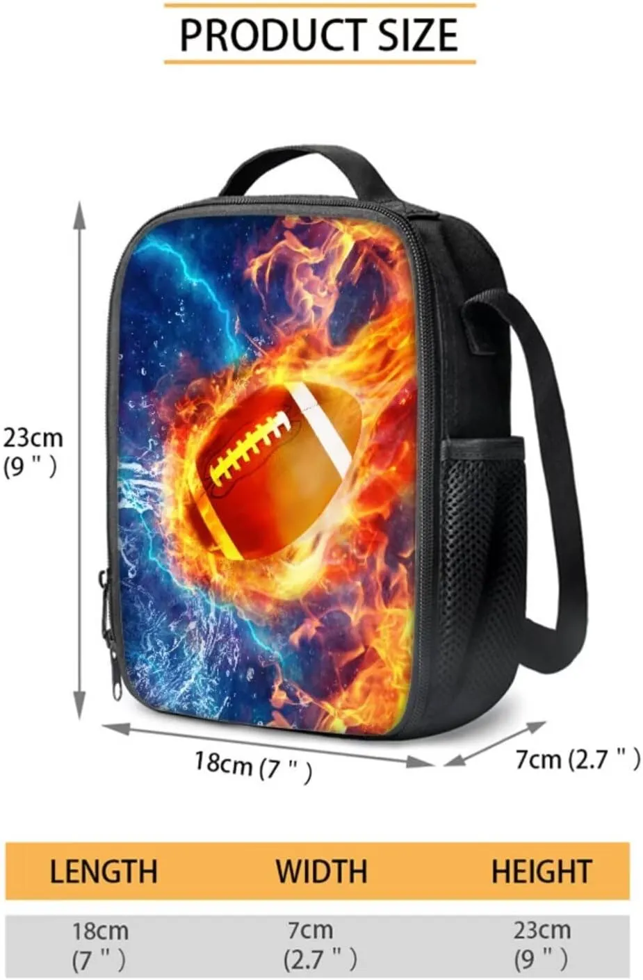 Poceacles Kids Backpack Set 4 Pieces Boys Girls Schoolbag Lunch Box Bag Stationery Pencil Case Bottle Sleeves, Comfortable Rucksack School Accessories, American Football Flame Lightning Print