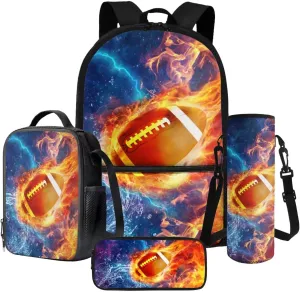 Poceacles Kids Backpack Set 4 Pieces Boys Girls Schoolbag Lunch Box Bag Stationery Pencil Case Bottle Sleeves, Comfortable Rucksack School Accessories, American Football Flame Lightning Print