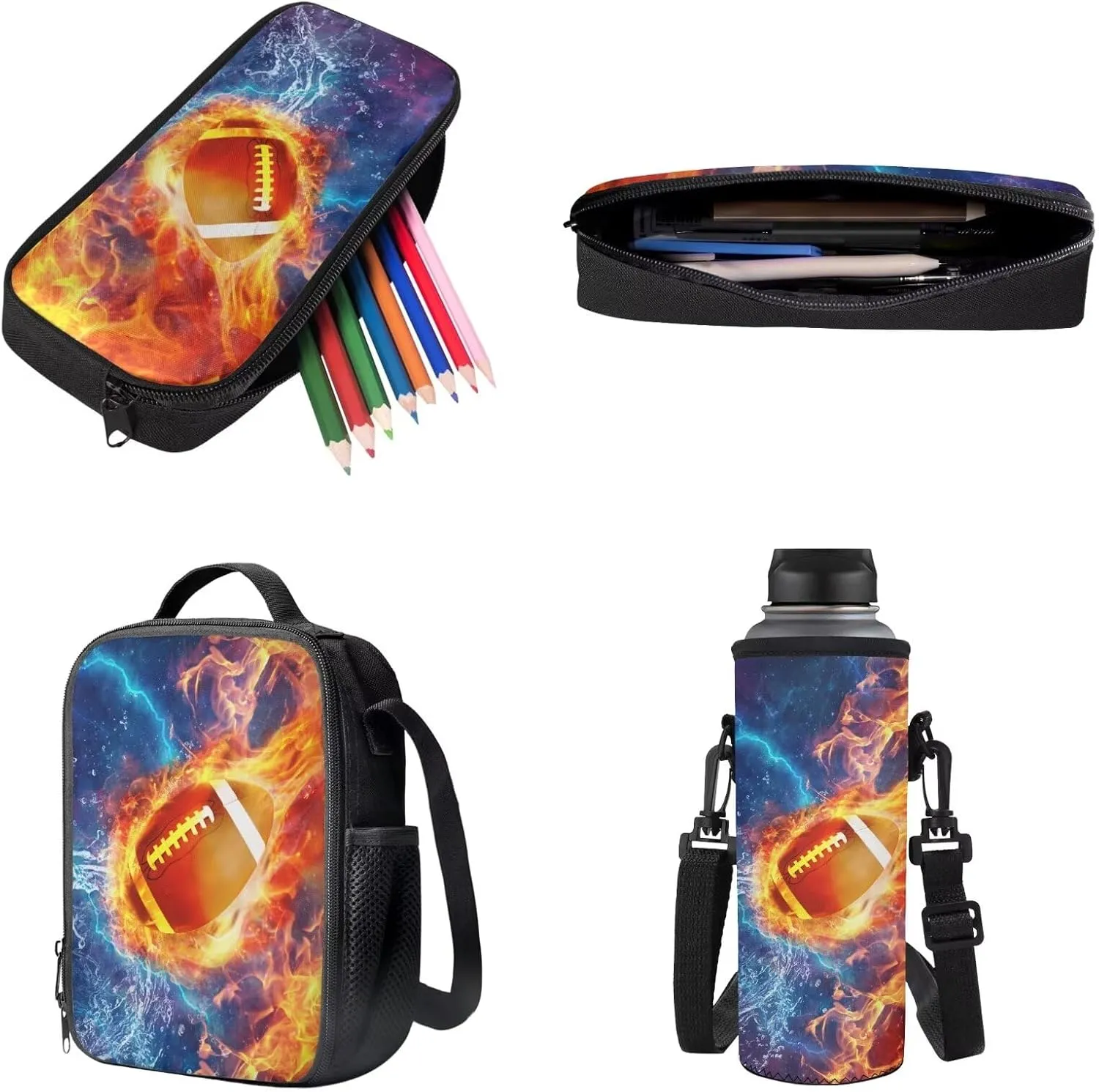 Poceacles Kids Backpack Set 4 Pieces Boys Girls Schoolbag Lunch Box Bag Stationery Pencil Case Bottle Sleeves, Comfortable Rucksack School Accessories, American Football Flame Lightning Print