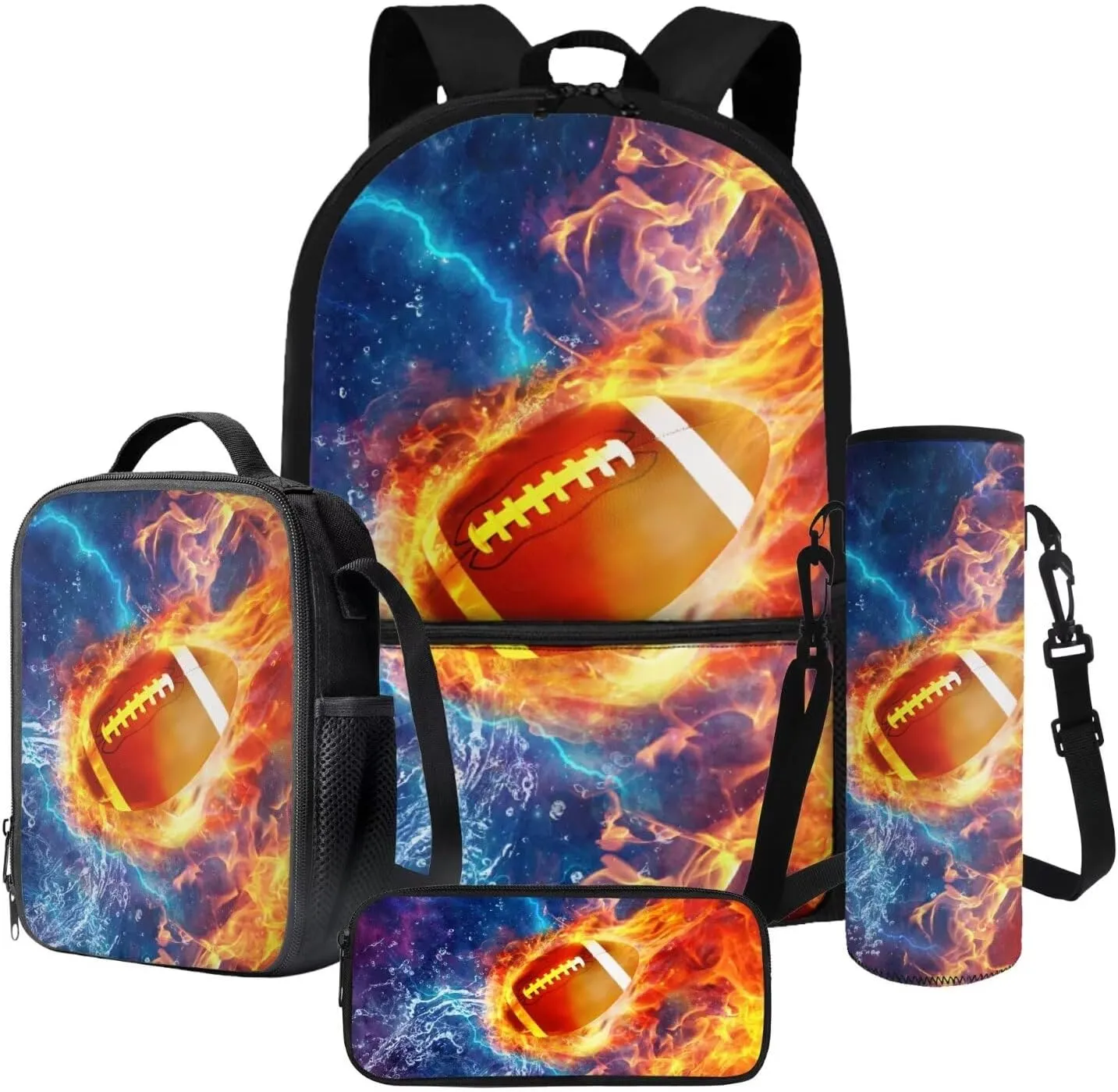 Poceacles Kids Backpack Set 4 Pieces Boys Girls Schoolbag Lunch Box Bag Stationery Pencil Case Bottle Sleeves, Comfortable Rucksack School Accessories, American Football Flame Lightning Print