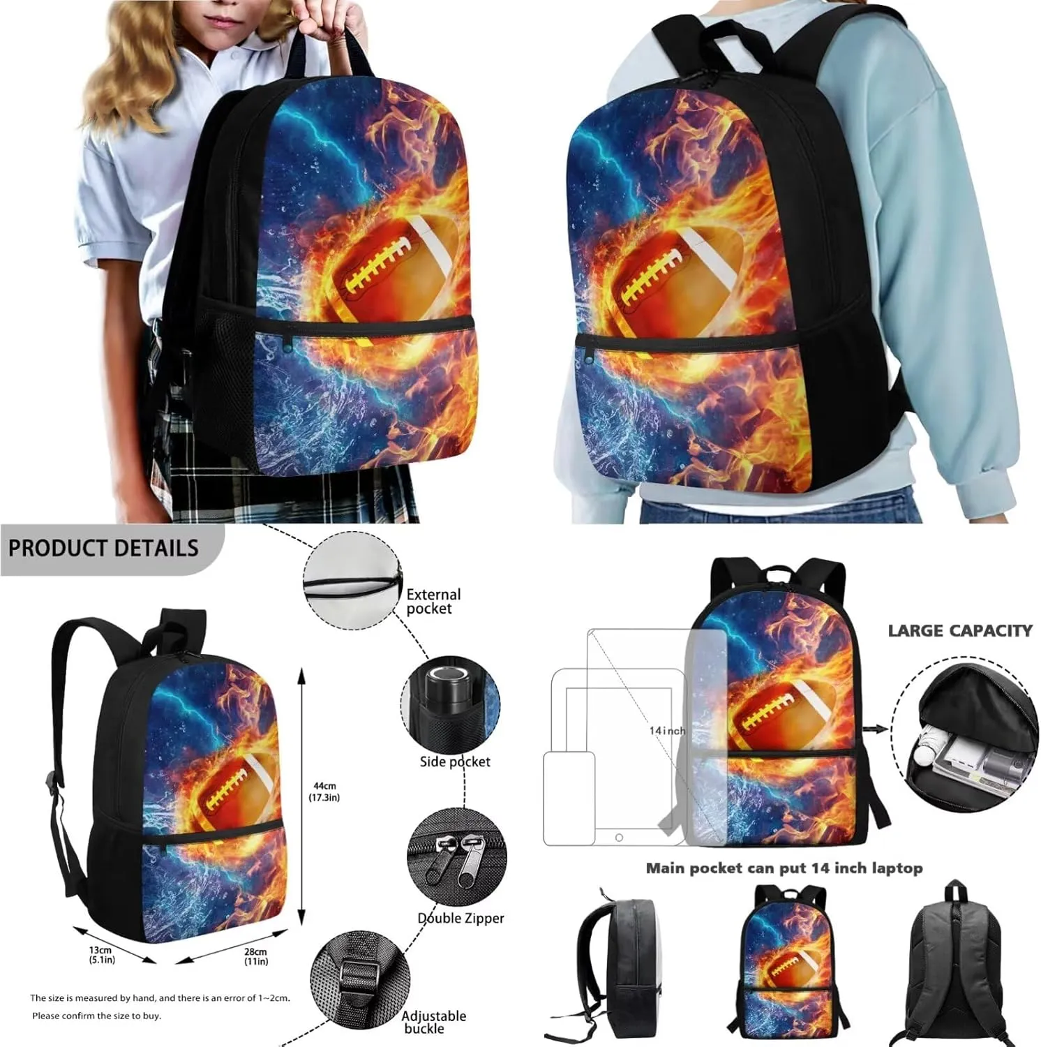 Poceacles Kids Backpack Set 4 Pieces Boys Girls Schoolbag Lunch Box Bag Stationery Pencil Case Bottle Sleeves, Comfortable Rucksack School Accessories, American Football Flame Lightning Print