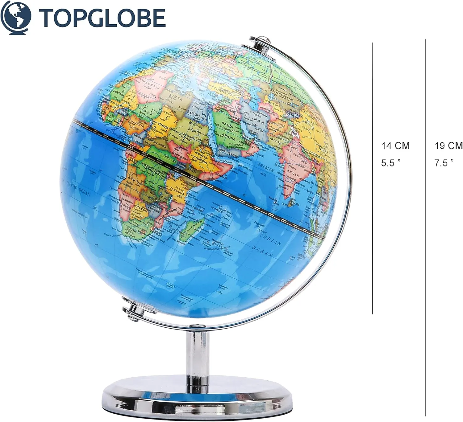 Political Globe Dia 5.5-inch / 14cm- Educational/Geographic - Stainless Steel Arc and Base - School, Home, and Office