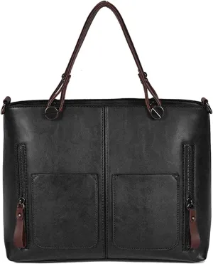 PORRASSO Vintage Utility Handbag Women Black Large Top-Handle Bags PU Leather Crossbody Bag for Shopping Business Work