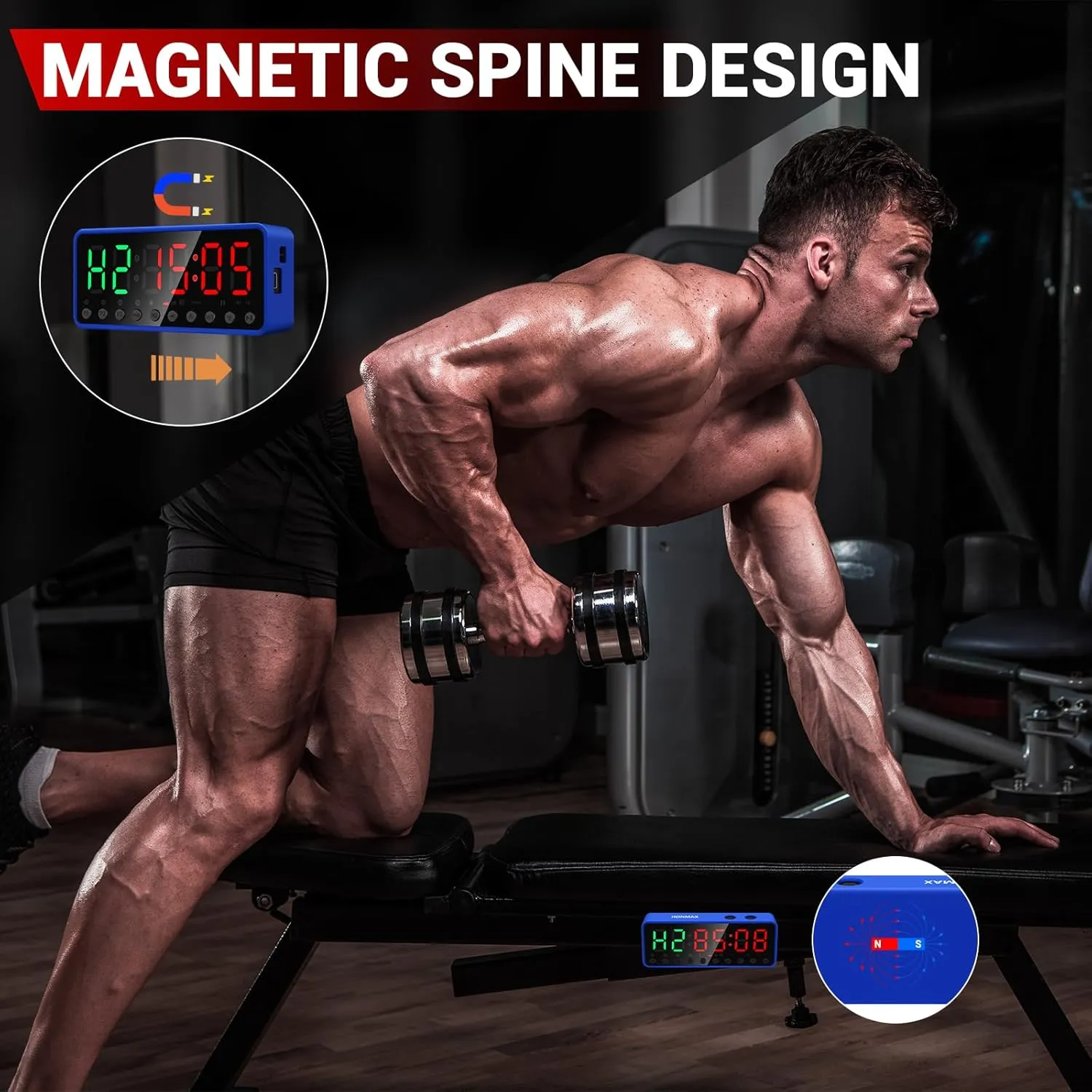 Portable Gym Timer, Fitness Timer Clock, Home Garage Gym Workout Timer, Built-in Strong Magnet and Lithium Battery and Beat Function, Large LED Digital Anti-Vertigo Display