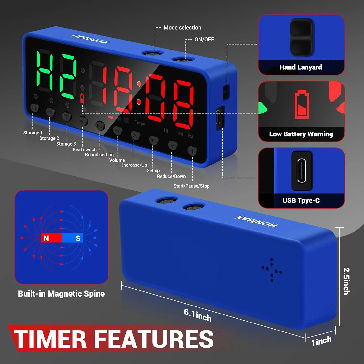 Portable Gym Timer, Fitness Timer Clock, Home Garage Gym Workout Timer, Built-in Strong Magnet and Lithium Battery and Beat Function, Large LED Digital Anti-Vertigo Display