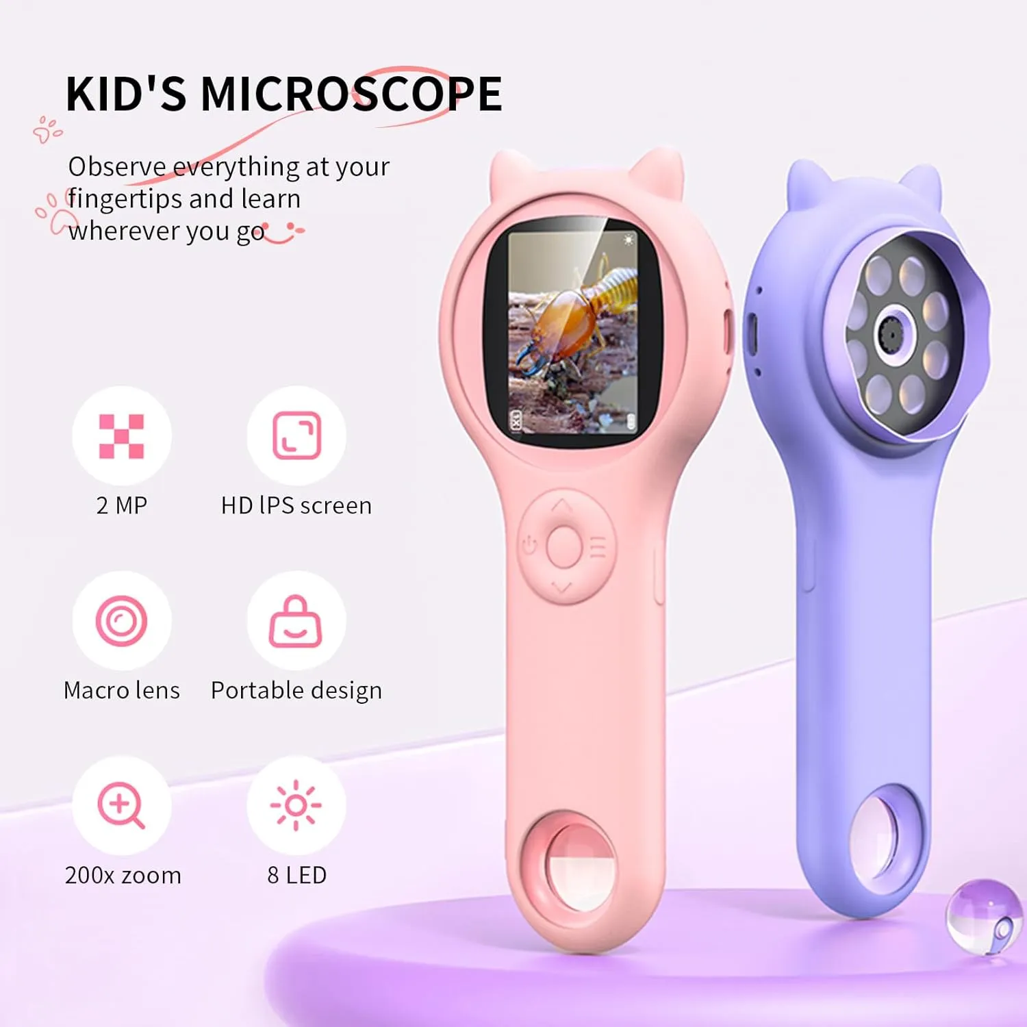 Portable Handheld Mini Digital Microscope for Kids - Educational Science Toys, Christmas & Birthday Gifts for Age 3-8 Girls & Boys (Pink)