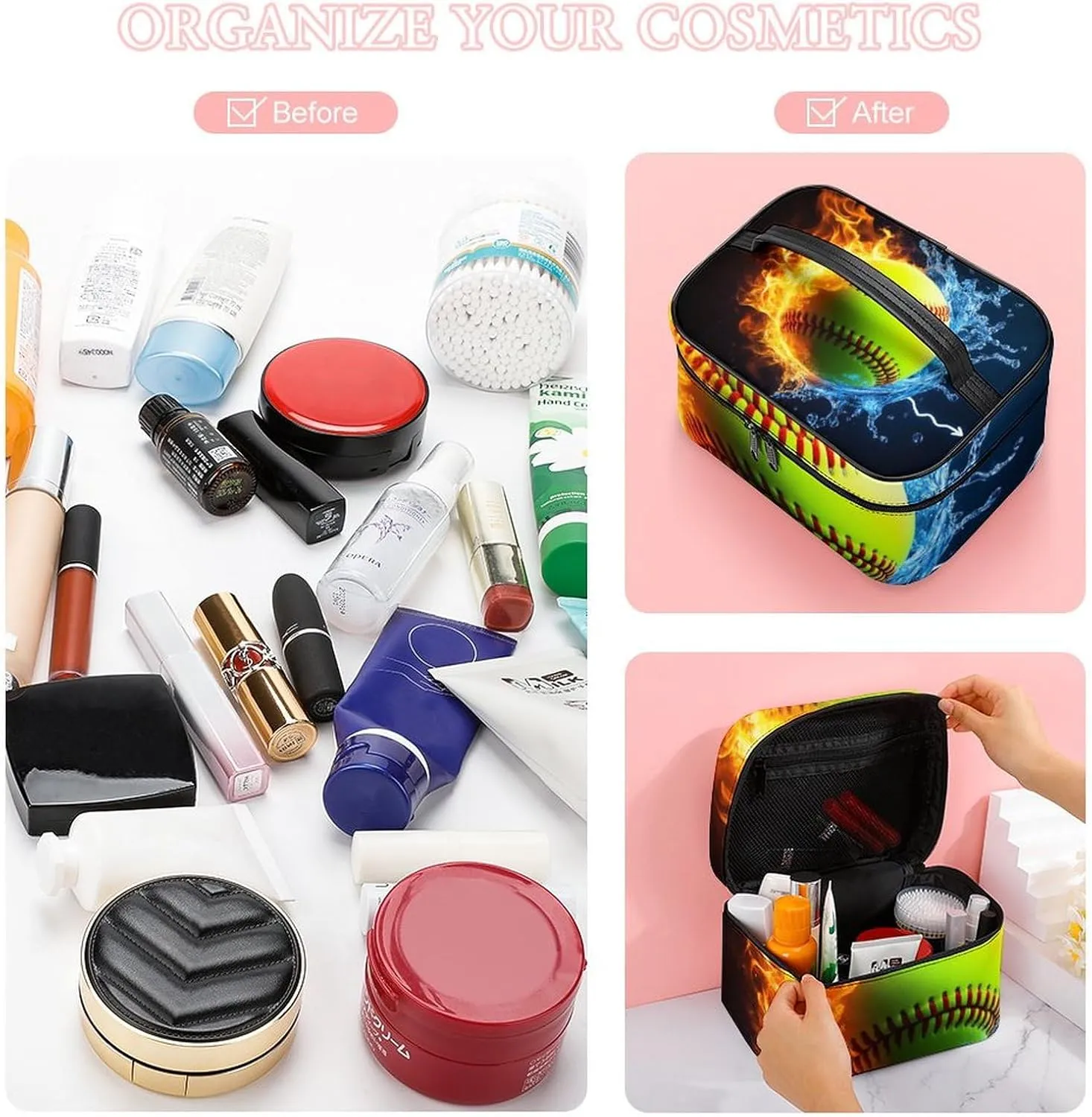 Portable Large Makeup Organizer Case for Women, Ice Water Fire Flame Softball Baseball Toiletry Brushes Storage Bag Travel Cosmetic Accessories