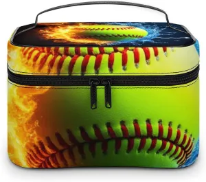 Portable Large Makeup Organizer Case for Women, Ice Water Fire Flame Softball Baseball Toiletry Brushes Storage Bag Travel Cosmetic Accessories