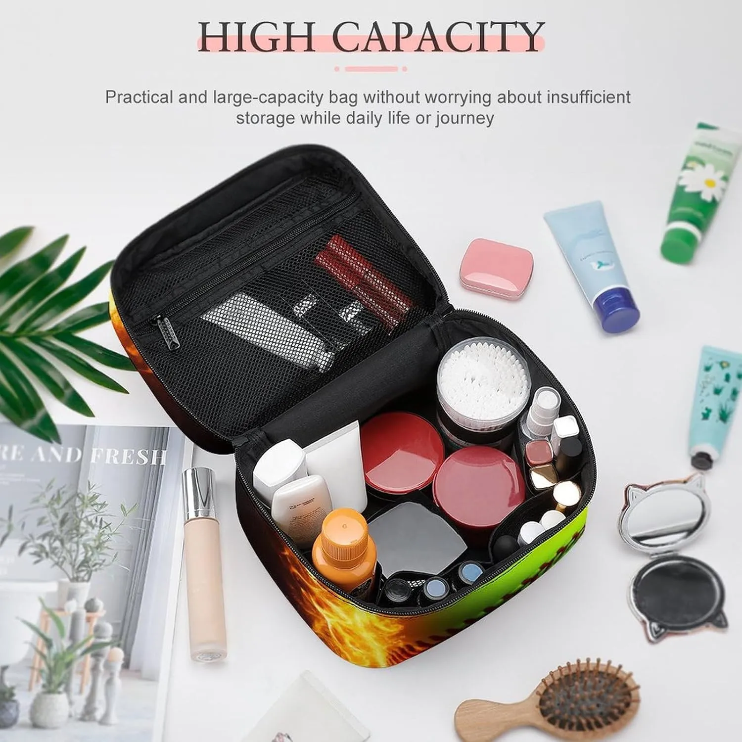 Portable Large Makeup Organizer Case for Women, Ice Water Fire Flame Softball Baseball Toiletry Brushes Storage Bag Travel Cosmetic Accessories