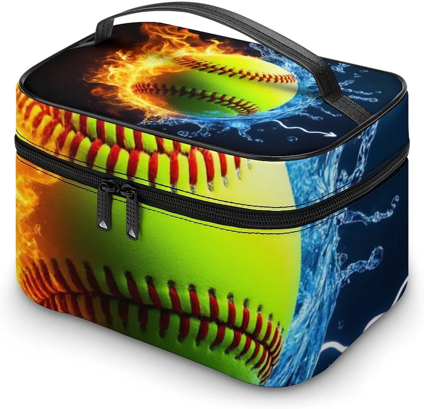 Portable Large Makeup Organizer Case for Women, Ice Water Fire Flame Softball Baseball Toiletry Brushes Storage Bag Travel Cosmetic Accessories