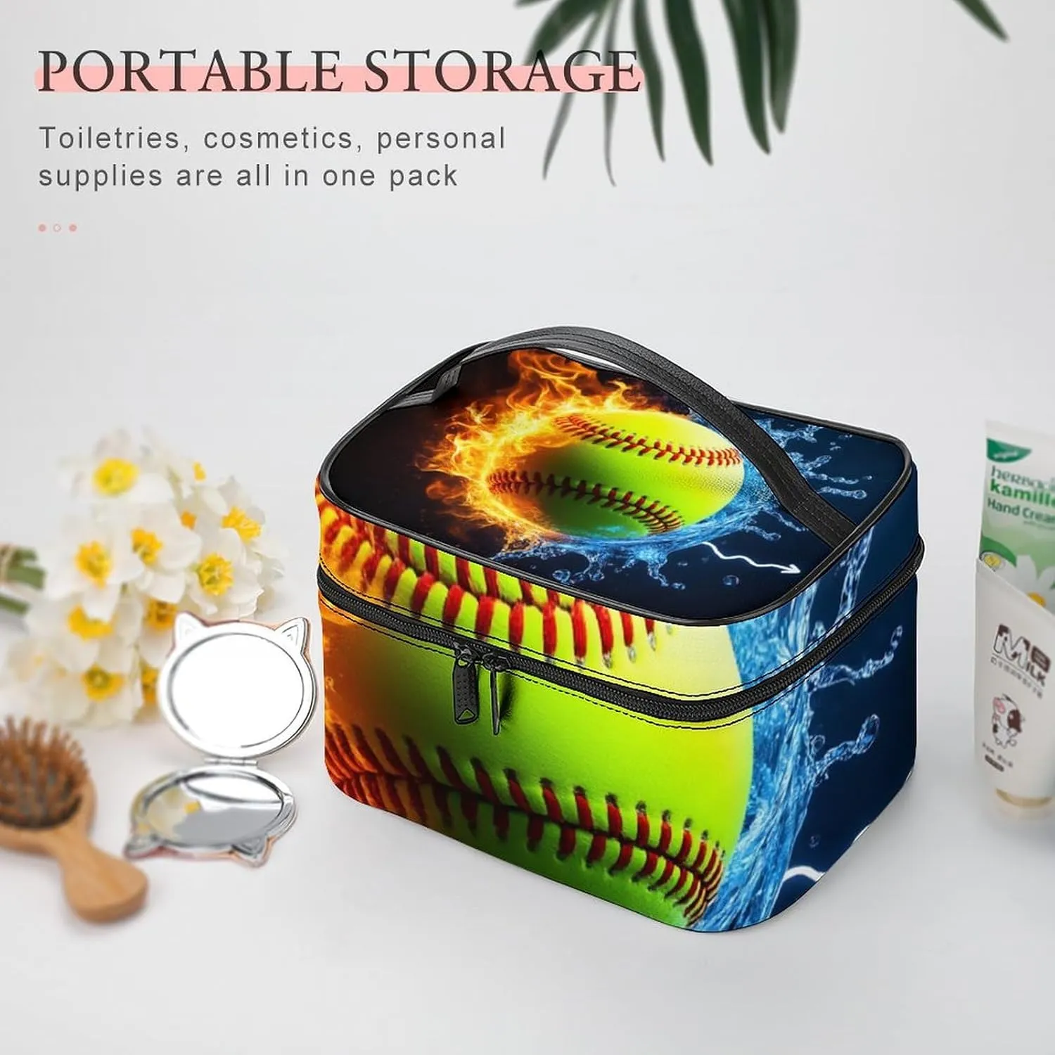 Portable Large Makeup Organizer Case for Women, Ice Water Fire Flame Softball Baseball Toiletry Brushes Storage Bag Travel Cosmetic Accessories