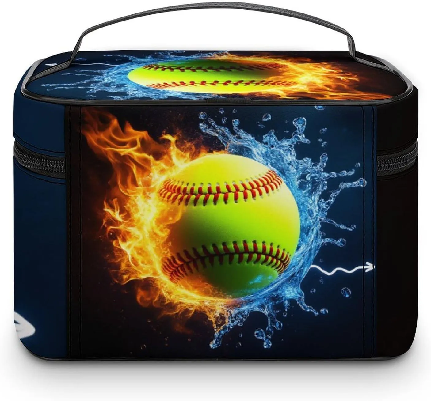 Portable Large Makeup Organizer Case for Women, Ice Water Fire Flame Softball Baseball Toiletry Brushes Storage Bag Travel Cosmetic Accessories