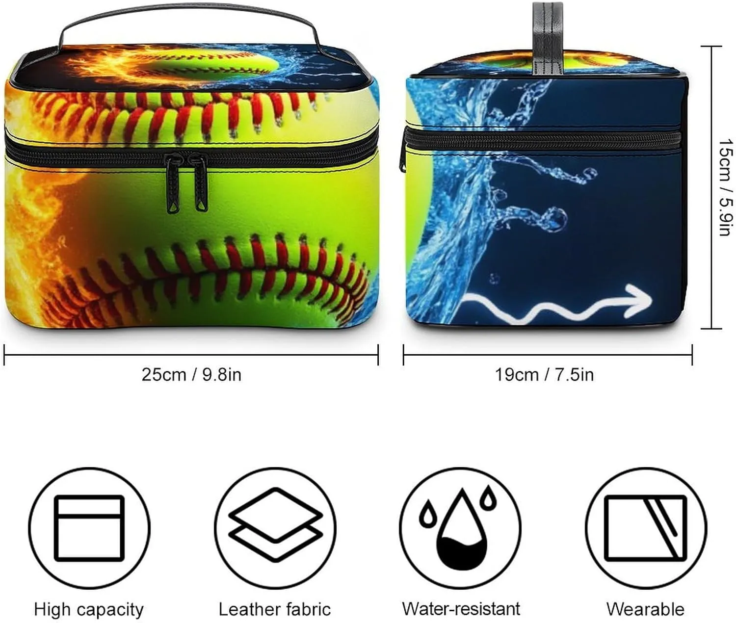 Portable Large Makeup Organizer Case for Women, Ice Water Fire Flame Softball Baseball Toiletry Brushes Storage Bag Travel Cosmetic Accessories