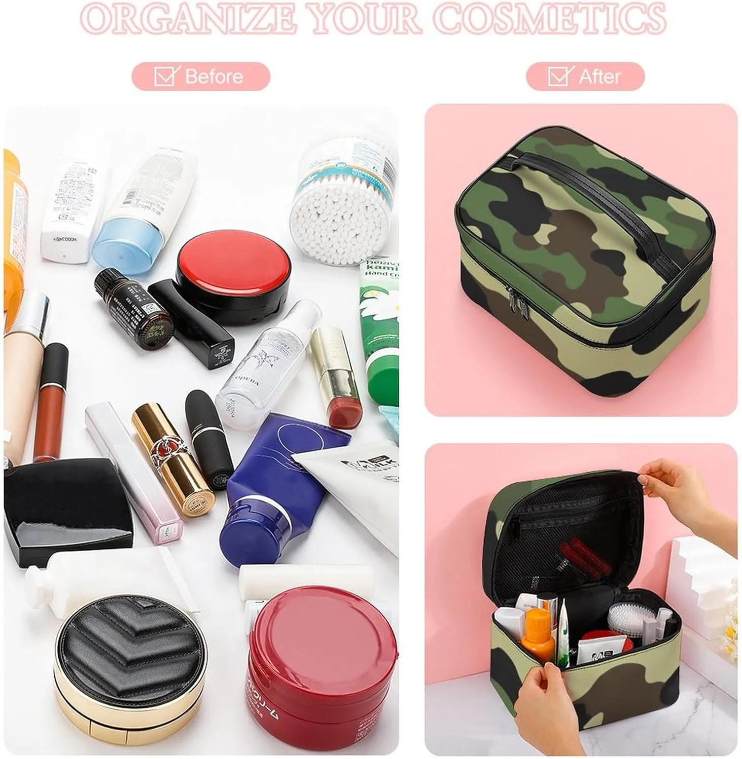 Portable Makeup Bag for Women, Travel Large Cosmetics Toiletry Storage Bag Green Camouflage Army Camo Makeup Organizer Case with Handle